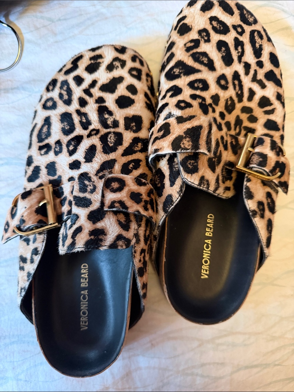Veronica Beard Leopard-Print Buckle Slip-On Mules in Tan and Black